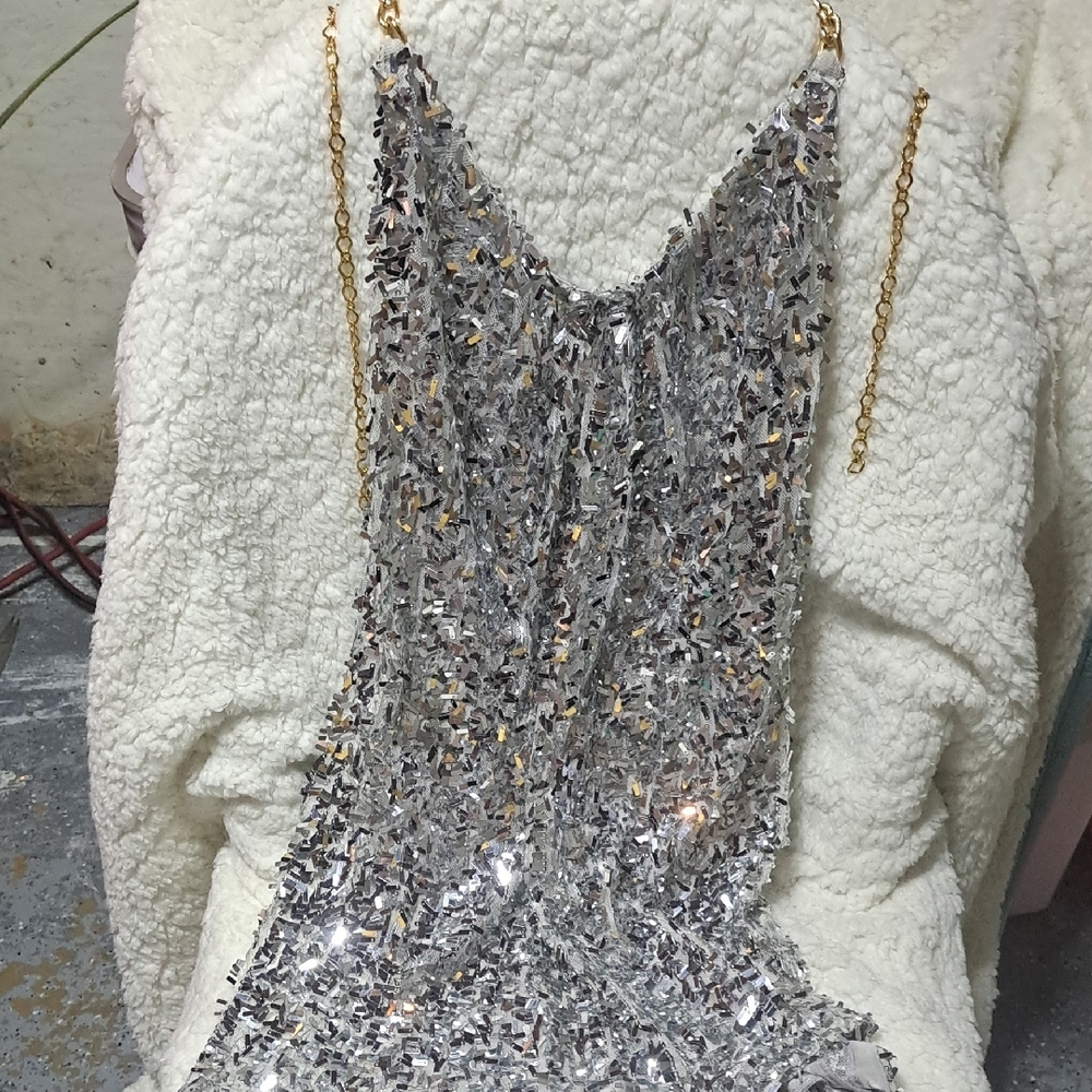 Silver Sequin Dress with Gold Chain Straps